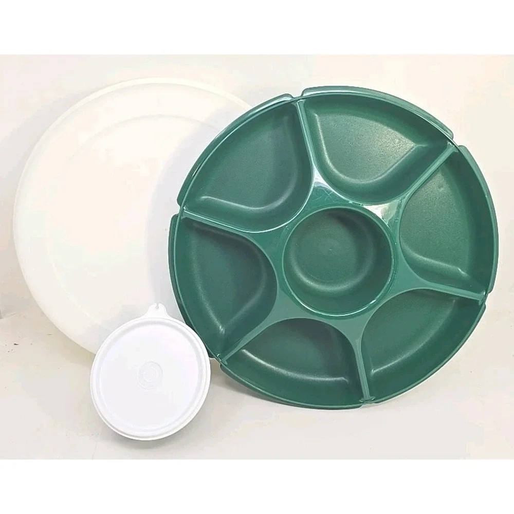 Tupperware Round Green White Chip and Dip Veggie Tray w Lid Vintage‎ U149
